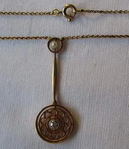 hochwertige 585er Gold Kette mit Diamant Anhänger + Perle Art Déco Stil (110508)