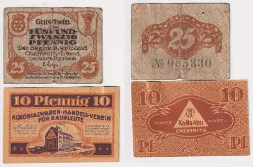 10 Pfennig Banknote Chemnitz Ka.Ha-Vau 1921 + 25 Pfennig Chemnitz-Land (150674)