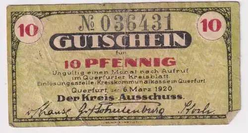 10 Pfennig Banknote Notgeld Kreis Querfurt 6. März 1920 (156333)