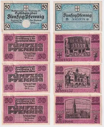 4 Banknoten Notgeld der Stadtgemeinde Freiburg im Breisgau 1920 (156882)