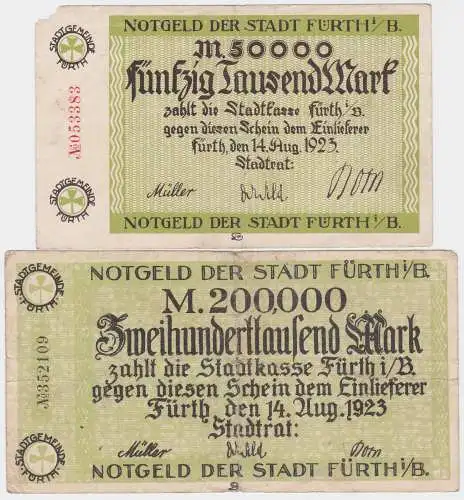 50 & 200 Tausend Mark Banknoten Stadt Fürth i.B. 14.8.1923 (120492)