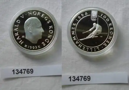 100 Kronen Silber Münze Norwegen Olympiade 1994 Slalomfahrer 1993 (134769)