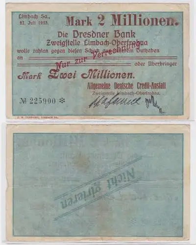 2 Millionen Mark Banknote Dresdner Bank Limbach 27.7.1923 (121607)