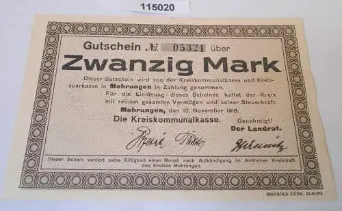 20 Mark Banknote Notgeld Kreis Mohrungen 10.November 1918 (115020)