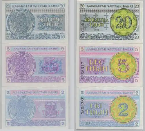 2, 5 und 20 Tyin Banknote Kasachstan Kazakhstan 1993 bankfrisch UNC (153538)