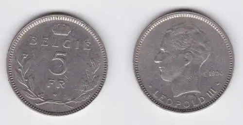 5 Francs Silber Münze Belgien 1936 Leopold III. (143240)