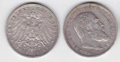 3 Mark Silbermünze Württemberg König Wilhelm II 1909 Jäger 175 (113957)