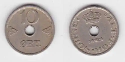 10 Öre Kupfer-Nickel Lochmünze Norwegen 1924 (142765)