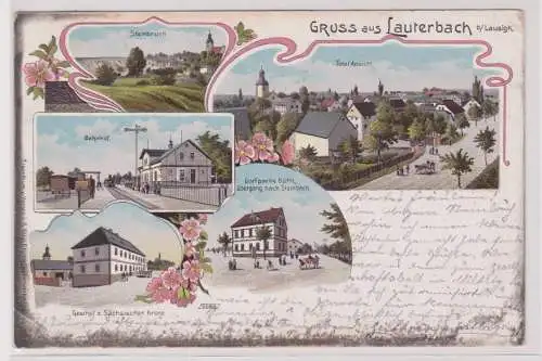 77492 Ak Lithographie Gruß aus Lauterbach bei Bad Lausick Bahnhof, Gasthof usw. 