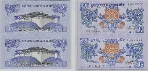 2x 1 Ngultrum Banknote Bhutan 2006 Pick 27 bankfrisch UNC (153917)
