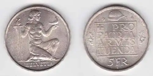 5 Franken Silber Münze Schweiz Wehranleihe 1936 B f.Stgl. (142533)