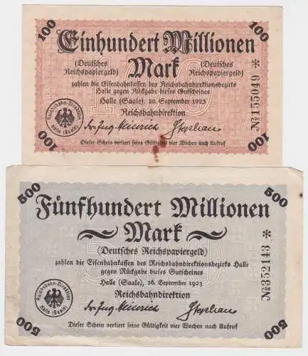100 & 500 Millionen Mark Banknoten Reichsbahndirektion Halle 1923 (120604)