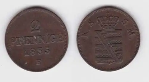 2 Pfennig Kupfer Münze Sachsen 1855 F f.vz (142916)