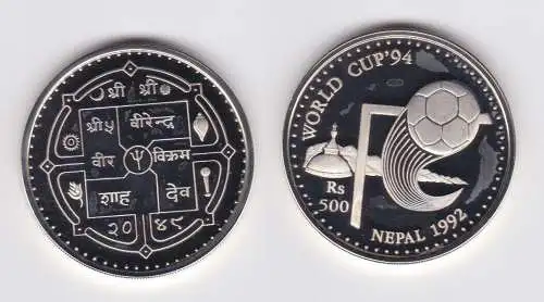 500 Rupien Silber Münze Nepal 1992 Fussball WM USA 1994 PP (159783)