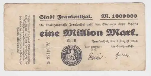 1 Million Mark Banknote Inflation Stadt Frankenthal 3.8.1923 (153561)