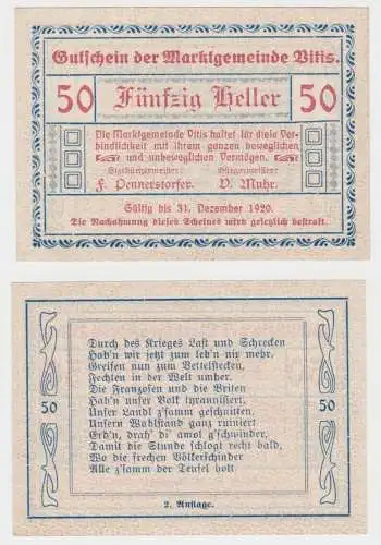 50 Heller Banknote Marktgemeinde Vitis 1920 (154512)