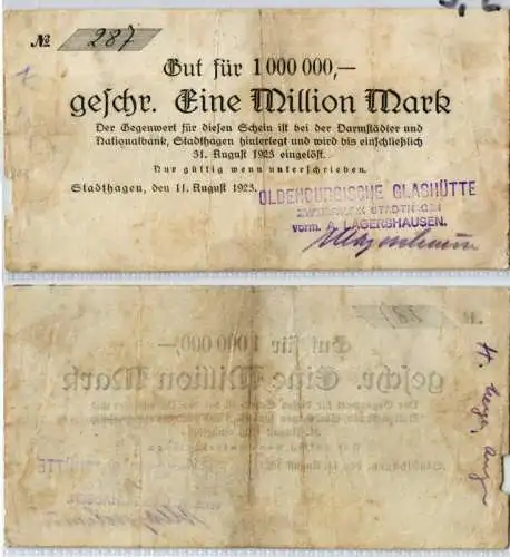 1 Million Mark Banknote StadtHagen Oldenburgische Glashütte 1923 (126321)