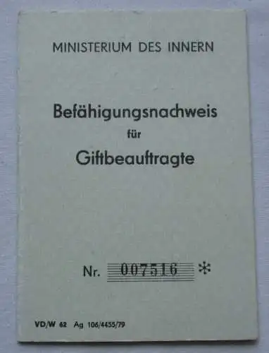 DDR Befähigungsnachweis für Giftbeauftragte Ministerium des Innern 1979 (100123)