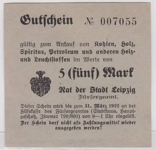 5 Mark Kohle Holz Gutschein Stadt Leipzig 31.März 1923 (120702)