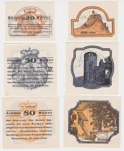 20, 50 und 80 Heller Banknoten Waxenberg 20.06.1920 (142741)