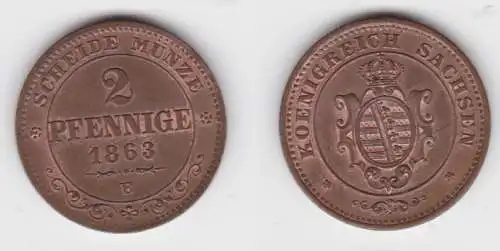 2 Pfennig Kupfer Münze Sachsen 1863 B vz+ (143404)