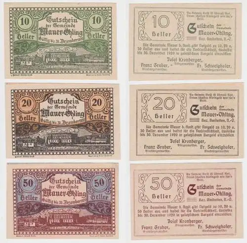 10, 20 und 50 Heller Banknoten Mauer-Öhling 1920 (143424)
