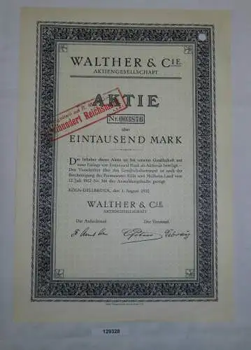 1000 Mark Aktie Walther & Cie AG Köln-Dellbrück 1. August 1922 (129328)