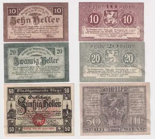 10, 20 und 50 Heller Banknoten Notgeld Stadtgemeinde Steyr 1920 (168517)
