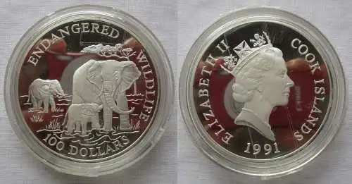 100 Dollar Silbermünze Cook Inseln Elefant 5 Unzen 1991 PP (168160)