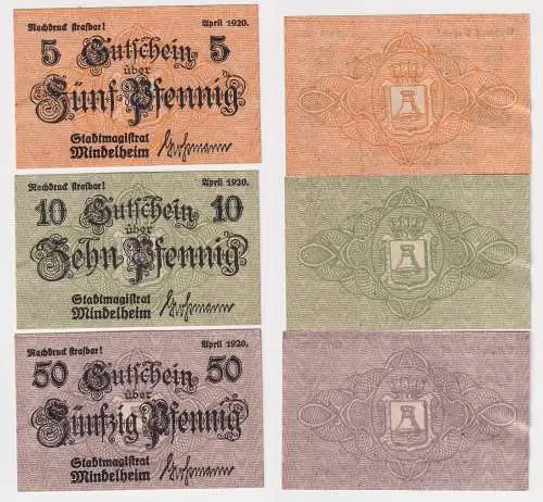 5, 10 & 50 Pfennig Banknoten Notgeld Stadtmagistrat Mindelheim 1920 (168484)