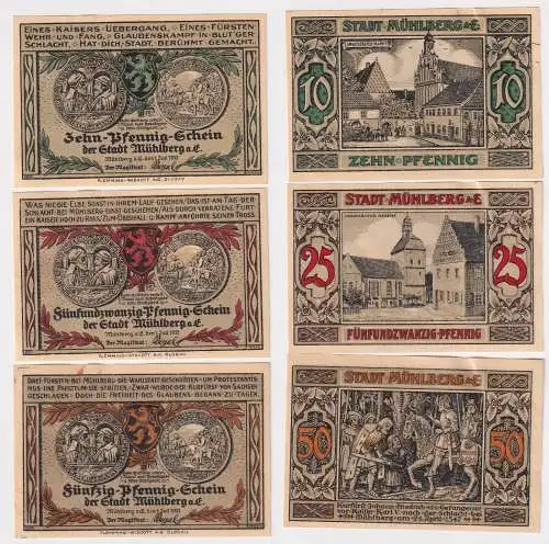 10, 25, 50 Pfennig Banknoten Notgeld Stadt Mühlberg a.E. 1.Juni 1921 (168437)