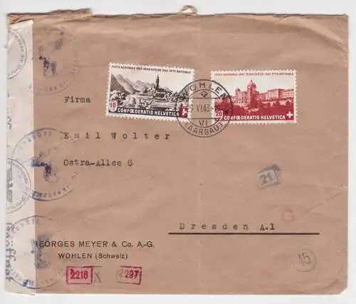 901134 geprüfter Brief Schweiz nach Dresden 1943 mit 10 & 20 Rappen Briefmarken
