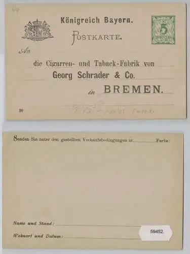59452 Ganzsachen Postkarte P44/05 Königreich Bayern 5 Pfennig pr.Zudruck Bremen