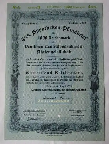 1000 Reichsmark Pfandbrief Deutsche Centralbodenkredit AG Berlin 1939 (142449)