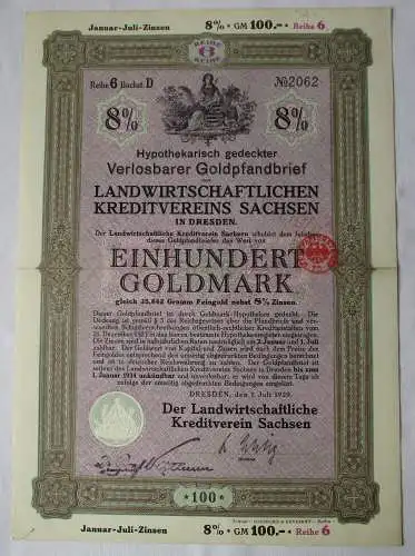 100 Goldmark Pfandbrief Landwirtschaftlicher Kreditverein Sachsen 1929 (120872)