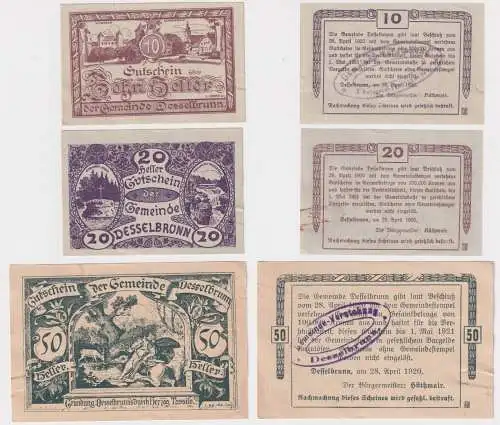 3 Banknoten Notgeld Gemeinde Desselbrunn 10, 20 & 50 Heller 28.4.1920 (169181)