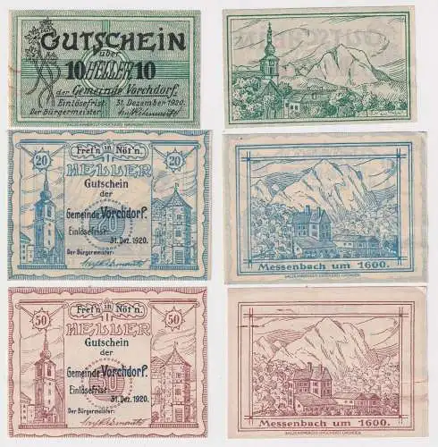 3 Banknoten Notgeld Gemeinde Vorchdorf 10, 20 & 50 Heller 1920 (169113)