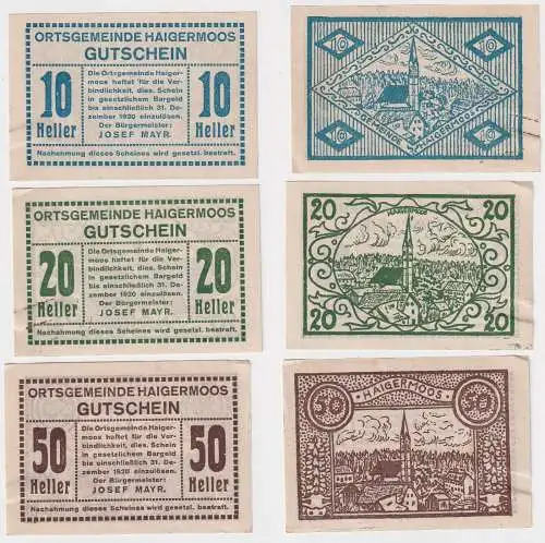 10,20 und 50 Heller Banknoten Notgeld Gemeinde Haigermoos 1920 (169175)