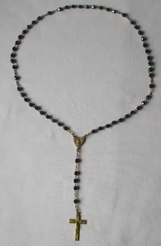 wunderschöner alter Rosenkranz Kette mit dunklen Glasperlen und Kreuz (161226)