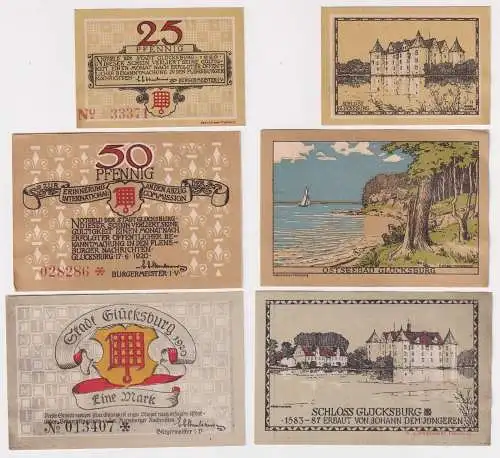 3 Banknoten 25, 50 Pfennig 1 Mark Notgeld Stadt Glücksburg 1920 (168442)