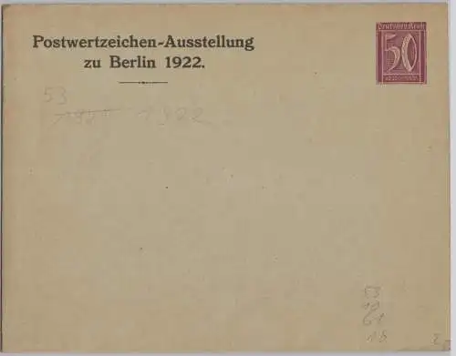 69109 DR Ganzsachen Umschlag PU Postwertzeichen-Ausstellung zu Berlin 1922 50Pf