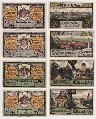 2 Banknoten Notgeld Stadt Ellrich am Harz 2 x 50 & 2 x 75 Pfennig 1921 (169157)