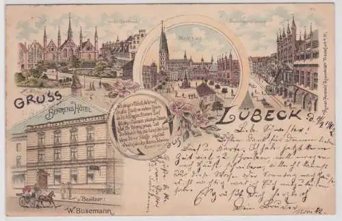 50761 Ak Lithographie Gruß aus Lübeck Behrens Hotel usw. 1902