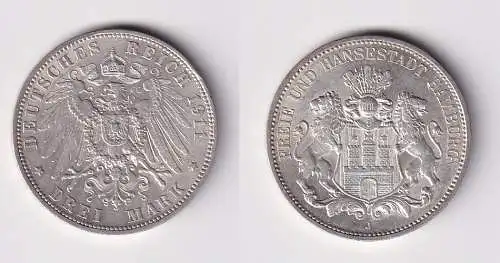 3 Mark Silbermünze Freie und Hansestadt Hamburg 1911 Jäger 64 vz (142386)
