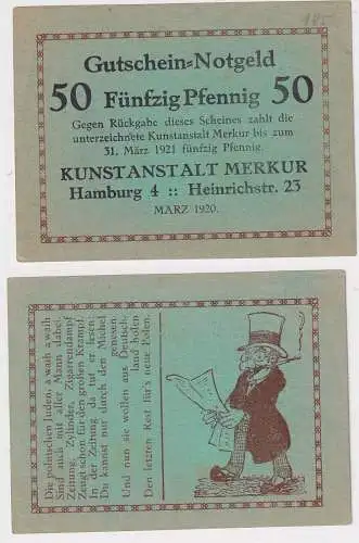50 Pfennig Banknoten Notgeld Hamburg Kunstanstalt Merkur 1920 (168512)
