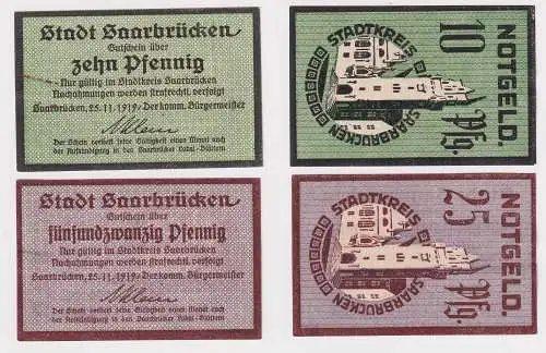 10 & 25 Pfennig Banknoten Notgeld Stadt Saarbrücken 1919 (168894)