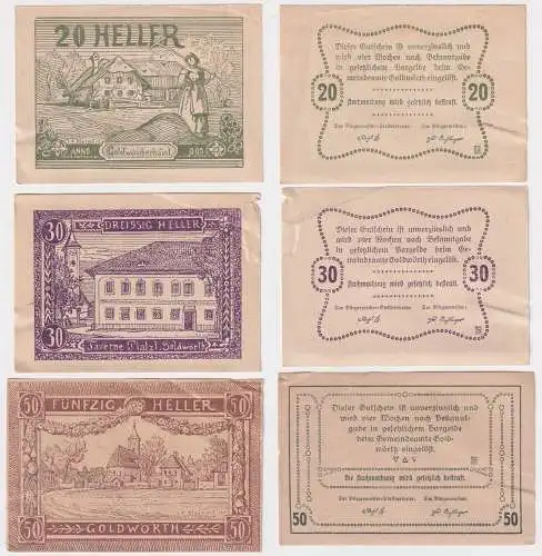 10,30 und 50 Heller Banknoten Notgeld Gemeinde Goldwörth 1920 (169107)