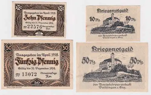 2  Banknoten Notgeld Vaihingen a.Enz 10 + 50 Pfennig April 1918 (168933)