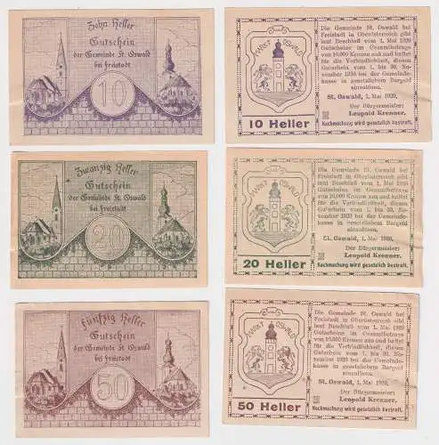 10,20 und 50 Heller Banknoten Notgeld Gemeinde St.Oswald 1920 (168831)