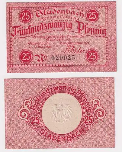 25 Pfennig Banknote Notgeld Gemeinde Gladenbach Hessen Nassau (168448)